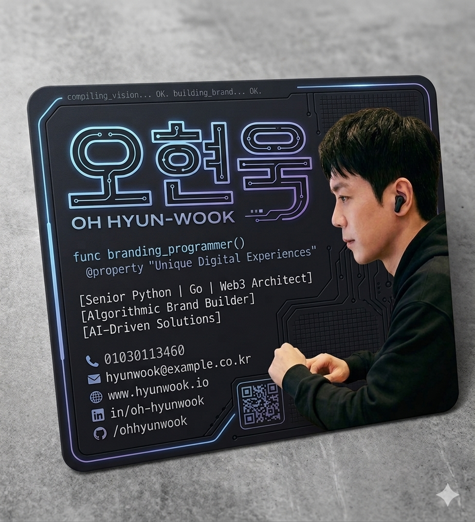 오현욱 시그니처 명함 — 회로기판 네온 디자인